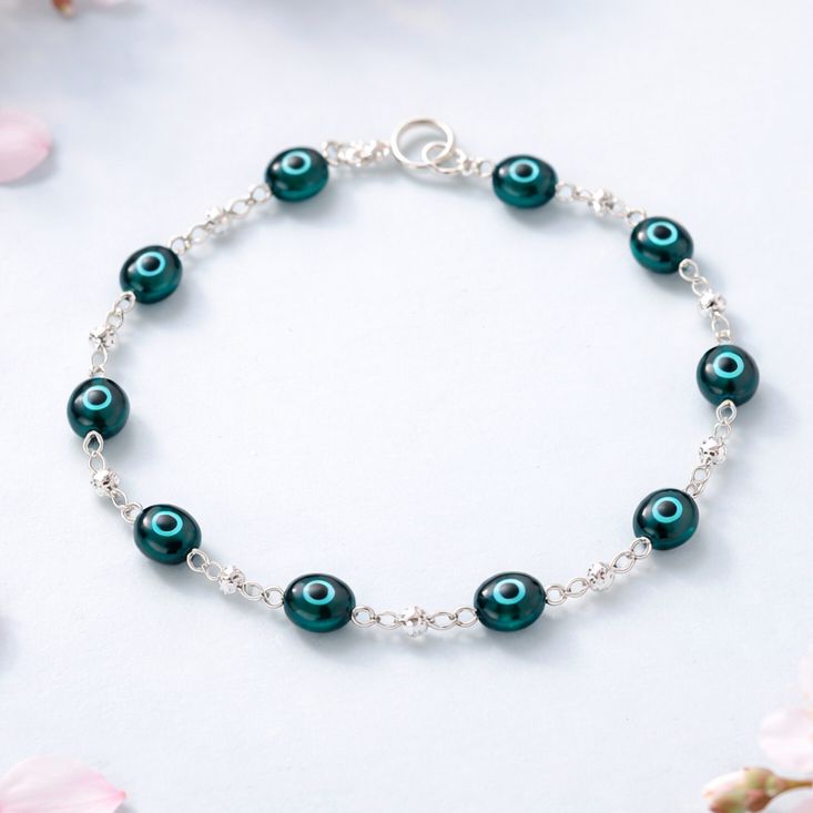 Pulsera Cristal Murano Ojitos aqua Plata 925 MX mide 7”