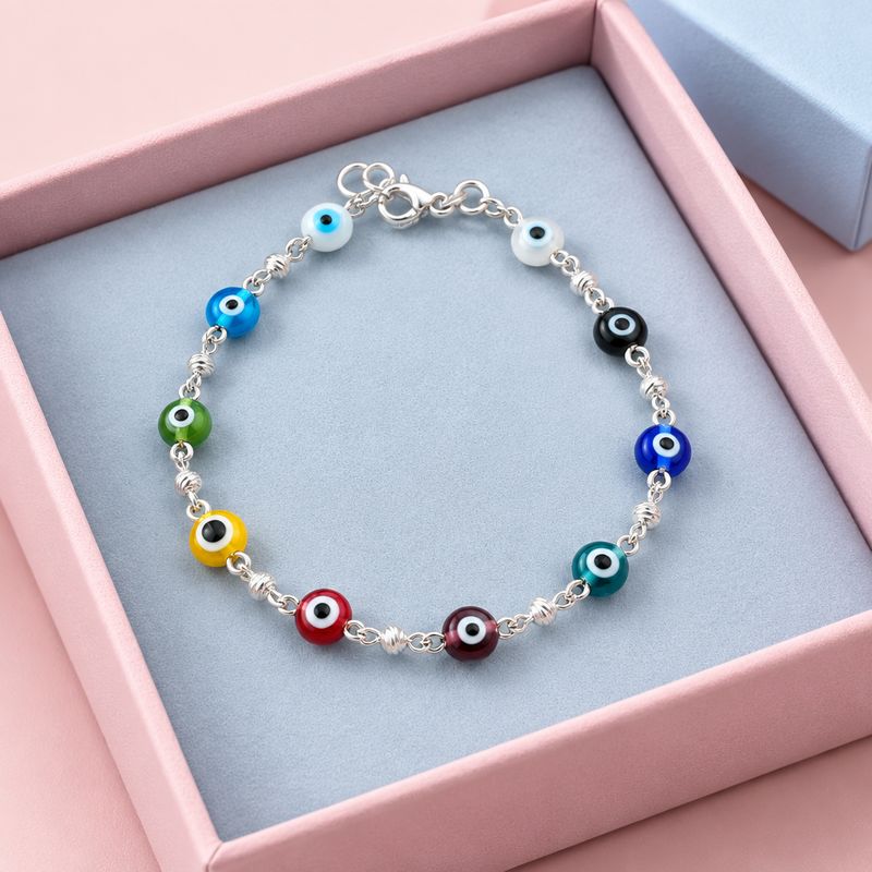 Pulsera Cristal Murano Ojitos Multicolor Plata 925 MX mide 7”