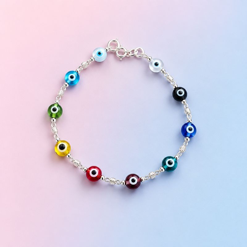 Pulsera Cristal Murano Ojitos Multicolor Plata 925 MX mide 7”