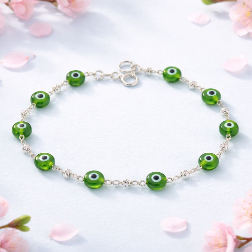 Pulsera Cristal Murano Ojitos verde Plata 925 MX mide 7”