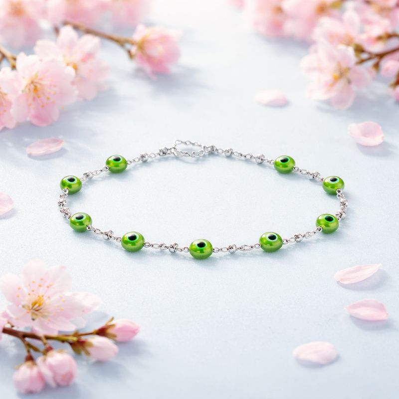 Pulsera Cristal Murano Ojitos verde Plata 925 MX mide 7”