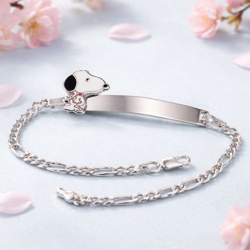 Pulsera Figaro con Plaquita con Perrito Blanco PLata 925 MX
