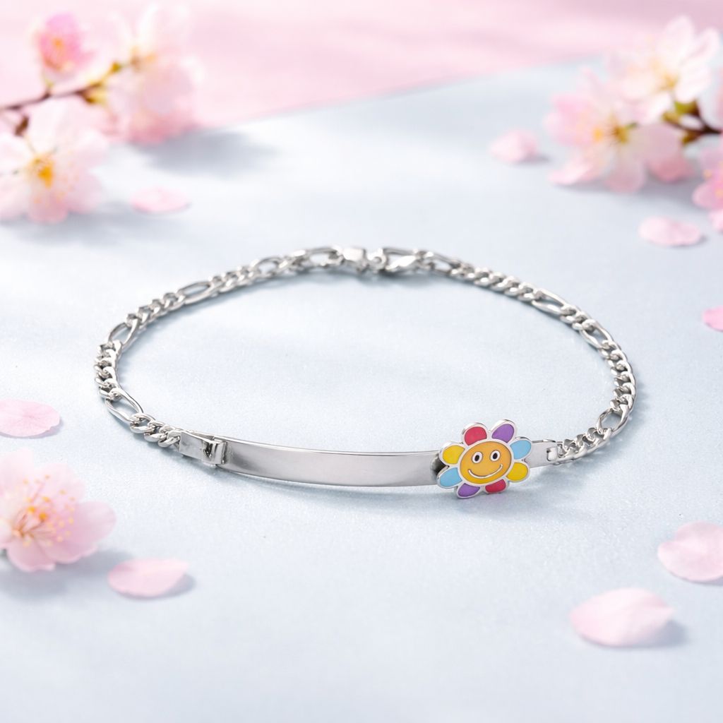 Pulsera Figaro con Plaquita y Florecita esmaltada  PLata 925 MX