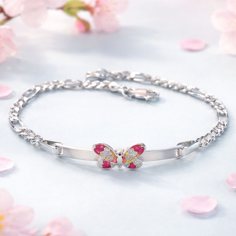 Pulsera Figaro con Plaquita y Mariposa esmaltada  PLata 925 MX