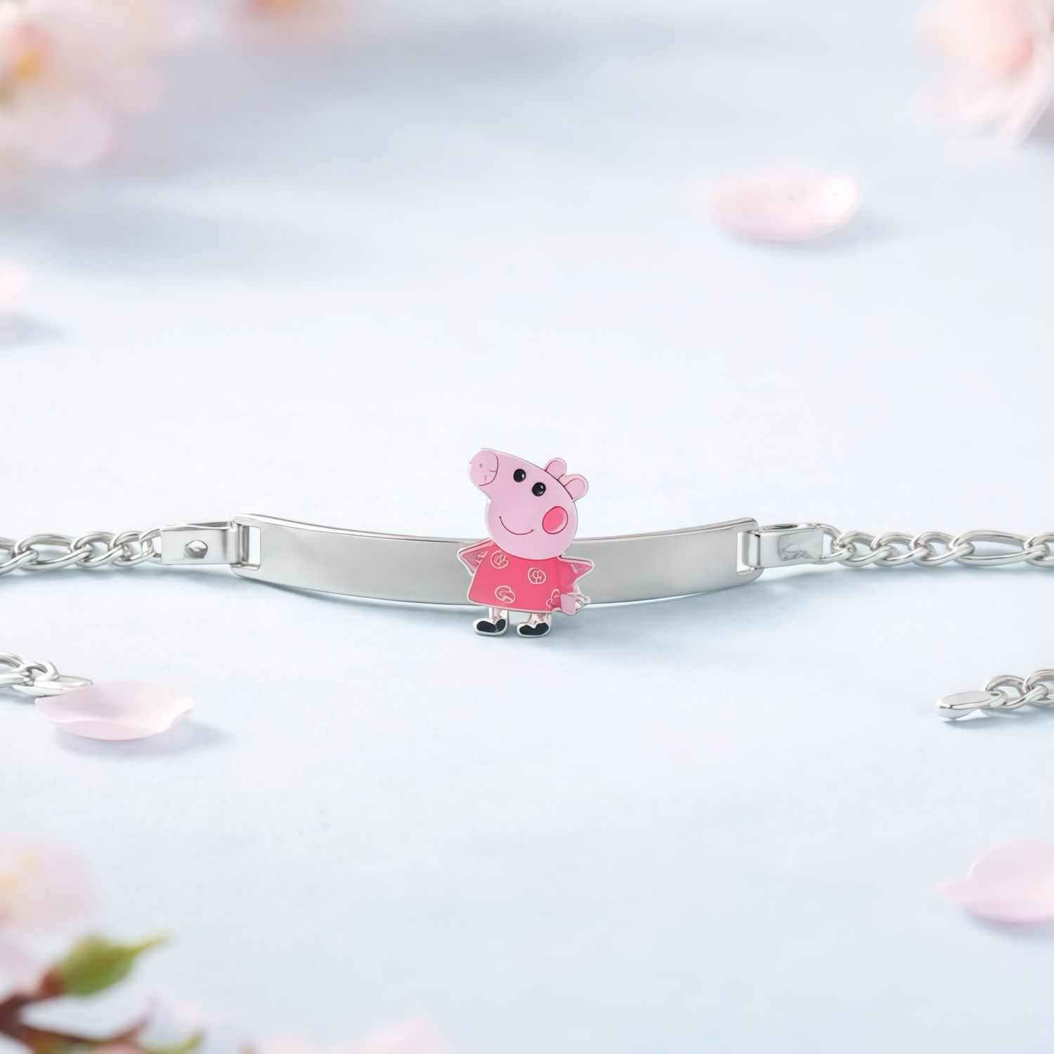 Pulsera Figaro con Plaquita y Puerquita esmaltada  PLata 925 MX