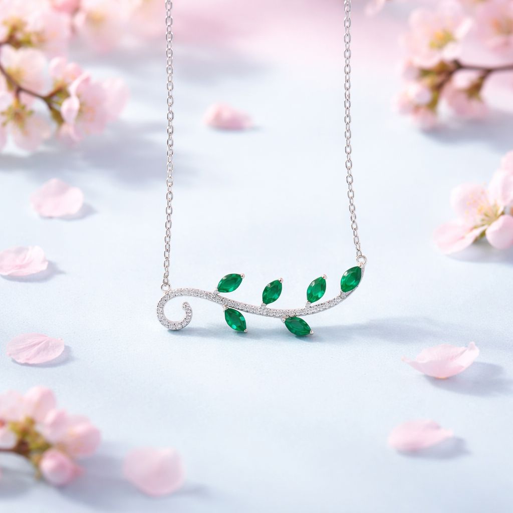 Gargantilla Premium Hojas Verde con Rodio Plata 925 Italiana