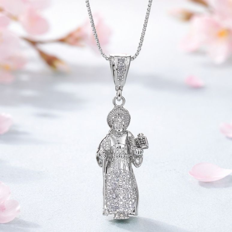 Cadena Fancy 20" y Dije San Benito Bulto 4.5cm Plata 925