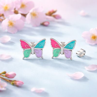 Arete Mariposa Esmaltada Colores Multi  mide 14mm Broche de Mariposa Plata 925 MX