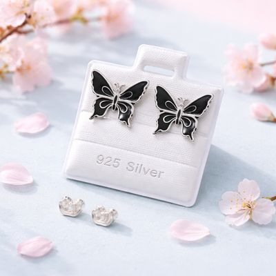 Arete Mariposa Esmaltada Colores Negras mide 14mm Broche de Mariposa Plata 925 MX