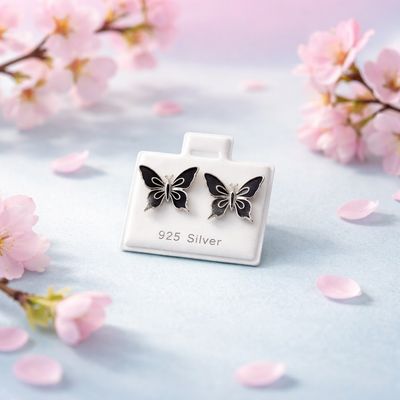 Arete Mariposa Esmaltada Colores Negras mide 14mm Broche de Mariposa Plata 925 MX
