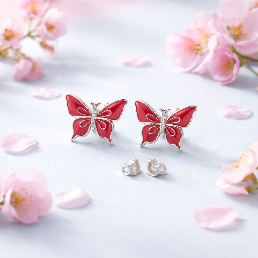 Arete Mariposa Esmaltada Colores Rojas  mide 14mm Broche de Mariposa Plata 925 MX