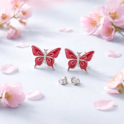 Arete Mariposa Esmaltada Colores Rojas  mide 14mm Broche de Mariposa Plata 925 MX
