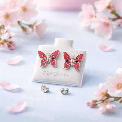 Arete Mariposa Esmaltada Colores Rojas  mide 14mm Broche de Mariposa Plata 925 MX