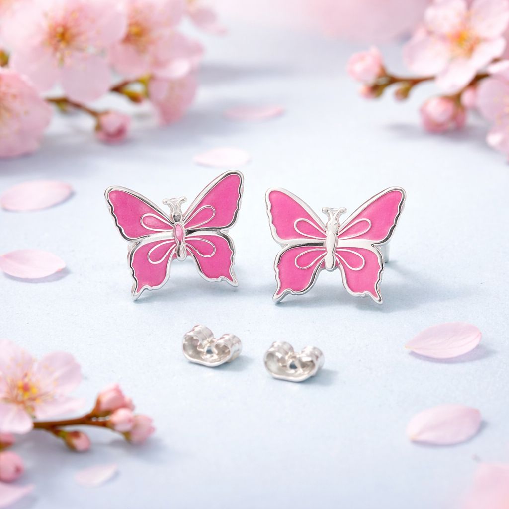 Arete Mariposa Esmaltada Colores Rosas mide 14mm Broche de Mariposa Plata 925 MX