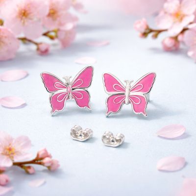 Arete Mariposa Esmaltada Colores Rosas mide 14mm Broche de Mariposa Plata 925 MX