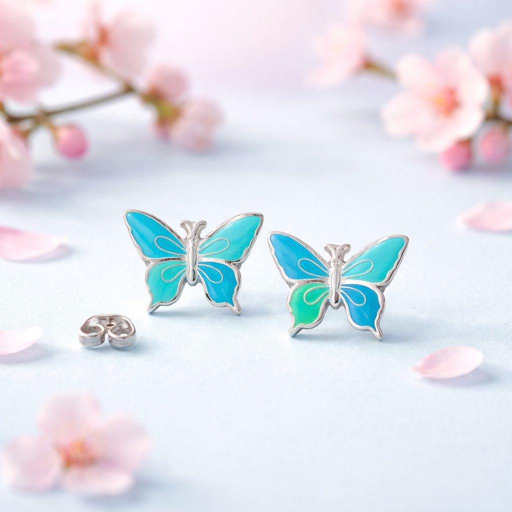 Arete Mariposa Esmaltada Colores Azules mide 14mm Broche de Mariposa Plata 925 MX
