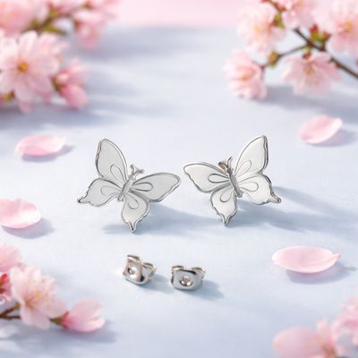 Arete Mariposa Esmaltada Colores Blancas mide 14mm Broche de Mariposa Plata 925 MX