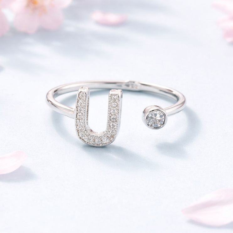 Anillo Micropabe Letra "U" plata 925 Ajustable entre talla 6 &amp; 7