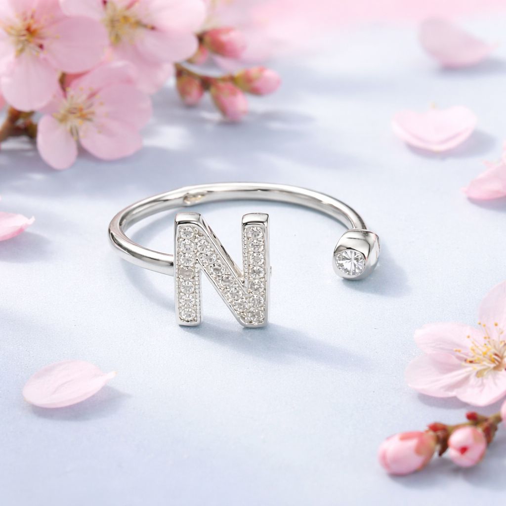 Anillo Micropabe Letra "N"  plata 925 Ajustable entre talla 6 &amp; 7