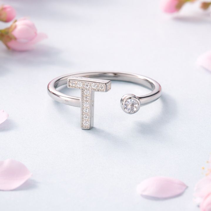Anillo Micropabe Letra "T" plata 925 Ajustable entre talla 6 &amp; 7
