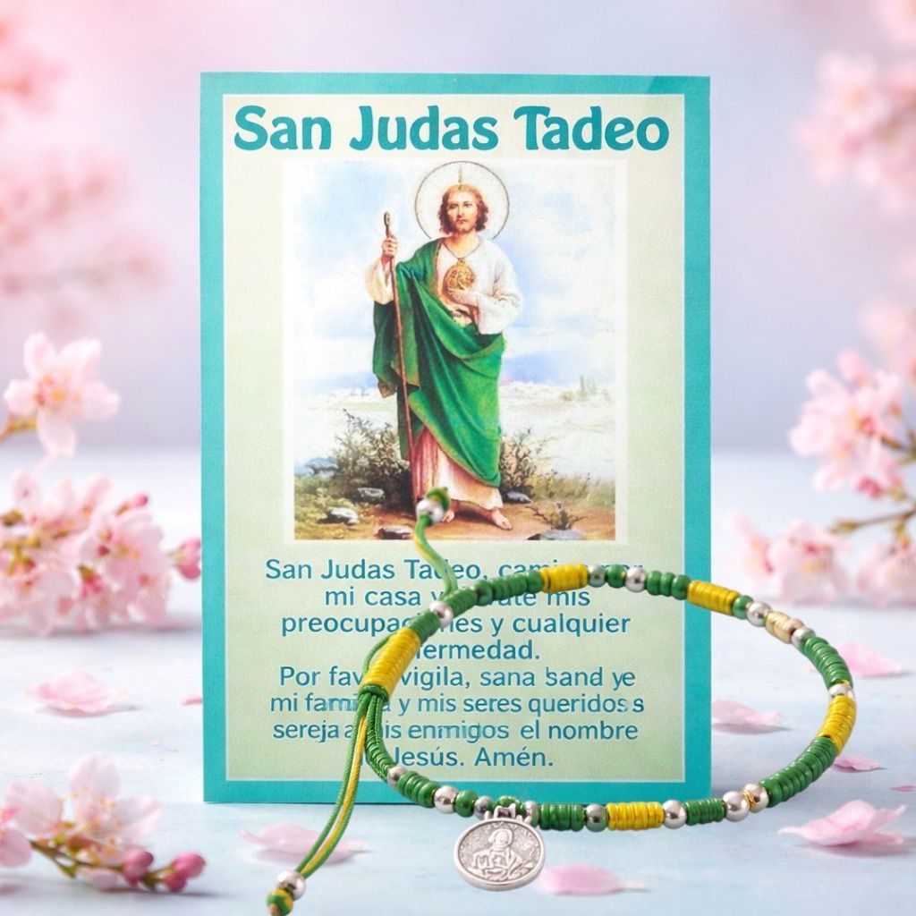 Pulsera de hilo verde y Amarillo San judas con Medalla Plata 925