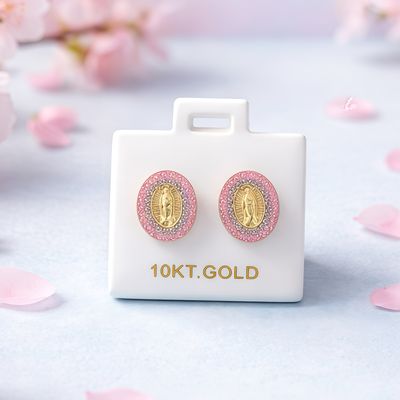 Broquel Pasta  Virgen de Guadalupe Cristales Rosasl  11.5mm Oro 10K