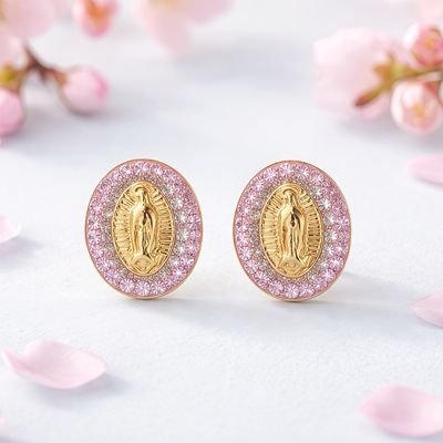 Broquel Pasta  Virgen de Guadalupe Cristales Rosasl  11.5mm Oro 10K