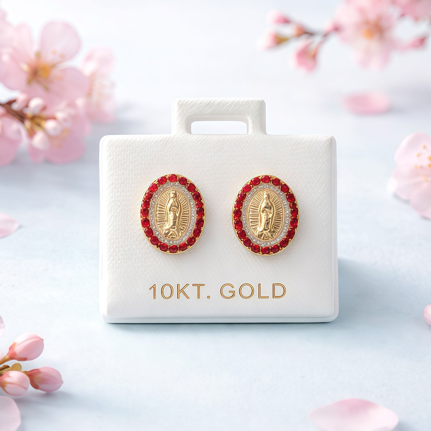 Broquel Pasta  Virgen de Guadalupe Cristales Rojos   11.5mm Oro 10K