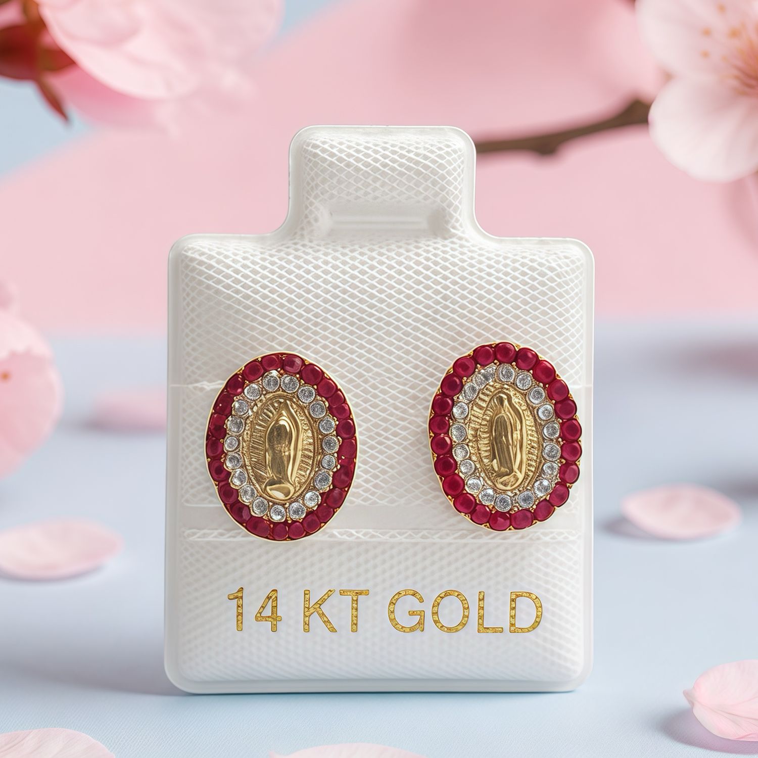 Broquel Pasta  Virgen de Guadalupe Cristales Rojos   11.5mm Oro 14K