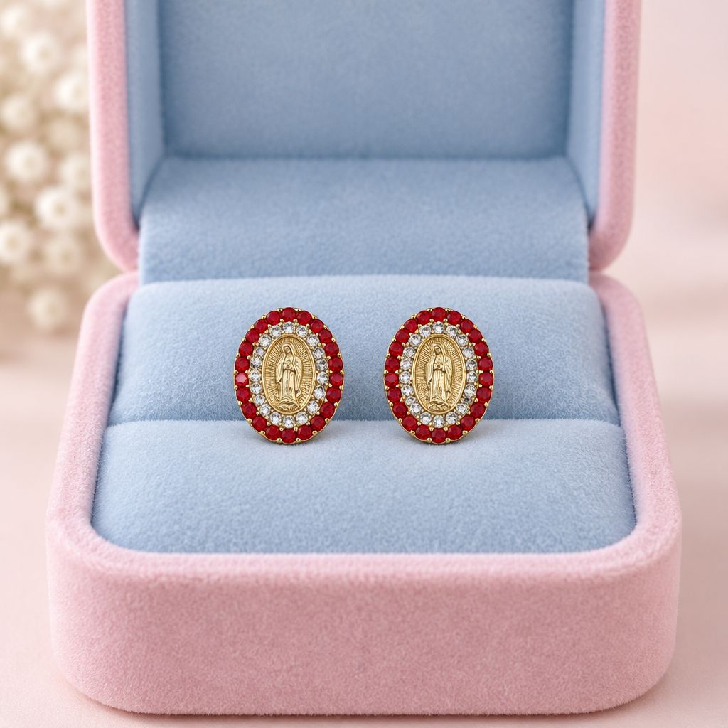 Broquel Pasta  Virgen de Guadalupe Cristales Rojos   11.5mm Oro 14K