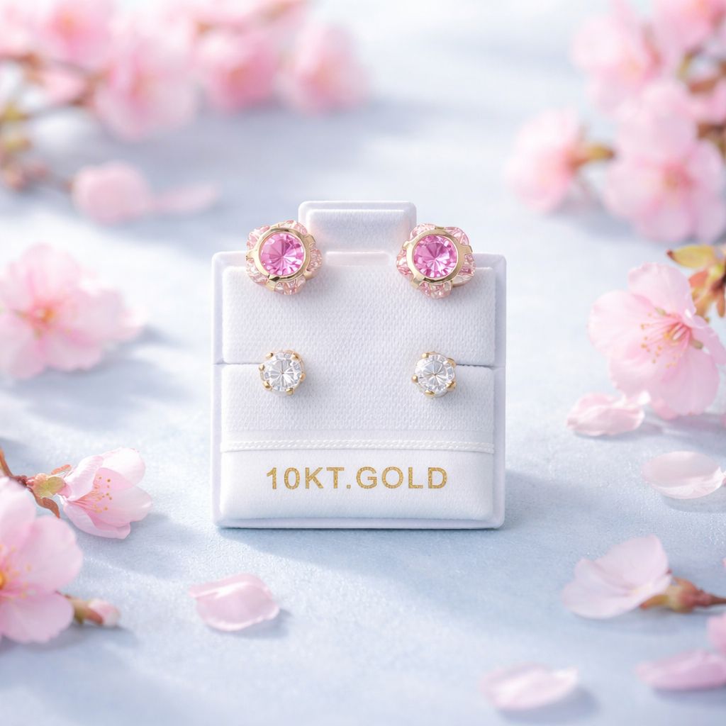Broquel Curvo Flor 7mm, 4mm Rosa con Blanco Oro10K