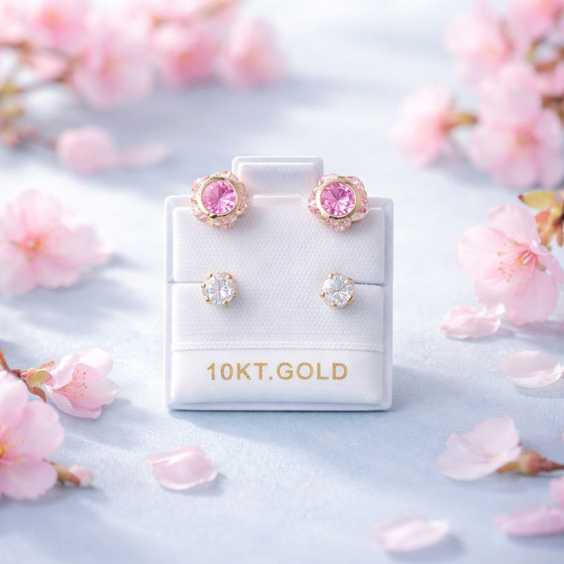 Broquel Curvo Flor 7mm, 4mm Rosa con Blanco Oro10K