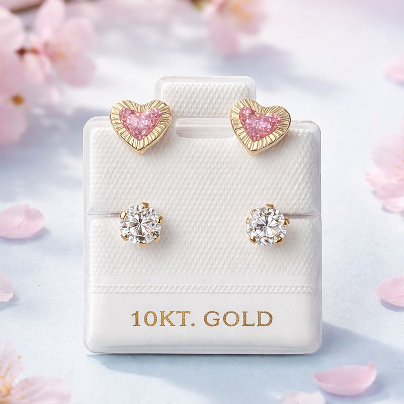 Broquel Curvo Corazon Diamantado 7mm, 4mm Rosa y Blanco Oro10K