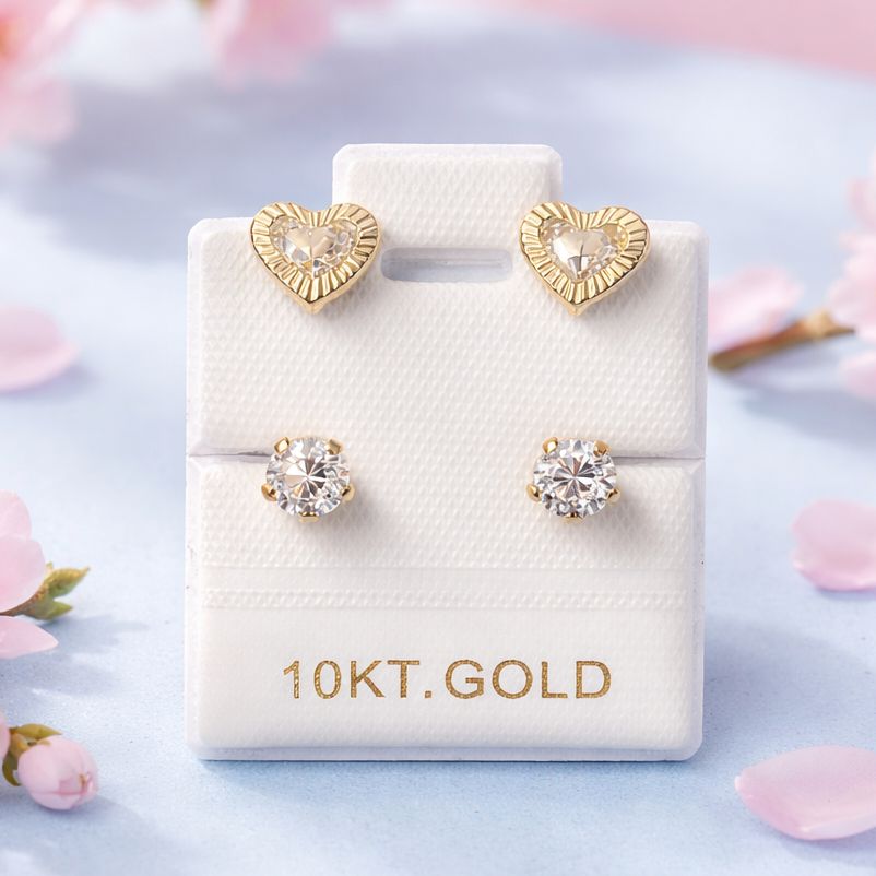 Broquel Curvo Corazon Diamantado 7mm, 4mm Blanco y Blanco Oro10K