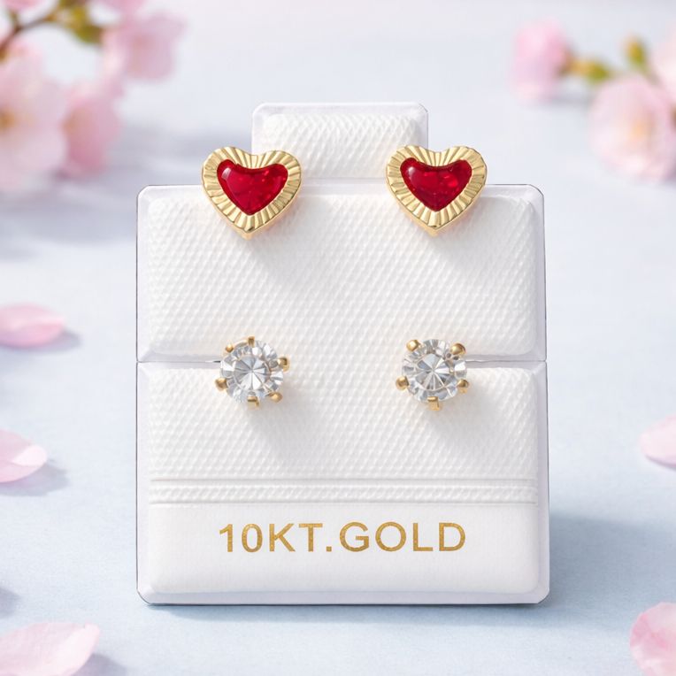 Broquel Curvo Corazon Diamantado 7mm, 4mm Rojo y Blanco Oro10K