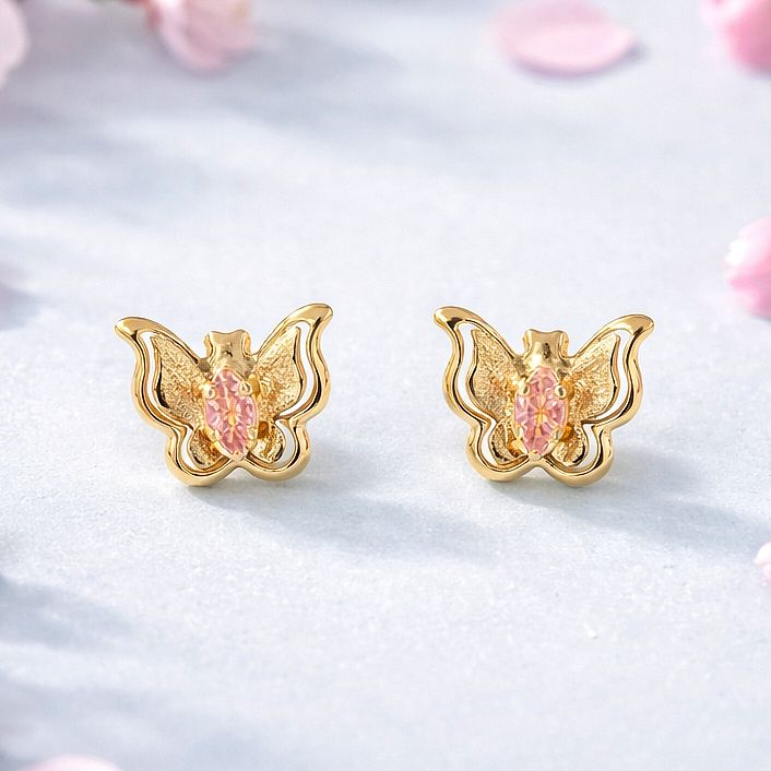 Broquel Mariposa 3D con Zirconia Rosa Oro 10K bolita atrás