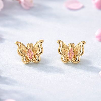 Broquel Mariposa 3D con Zirconia Rosa Oro 10K bolita atrás