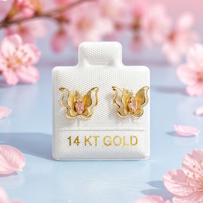 Broquel Mariposa 3D con Zirconia Rosa Oro 14kolita atrás