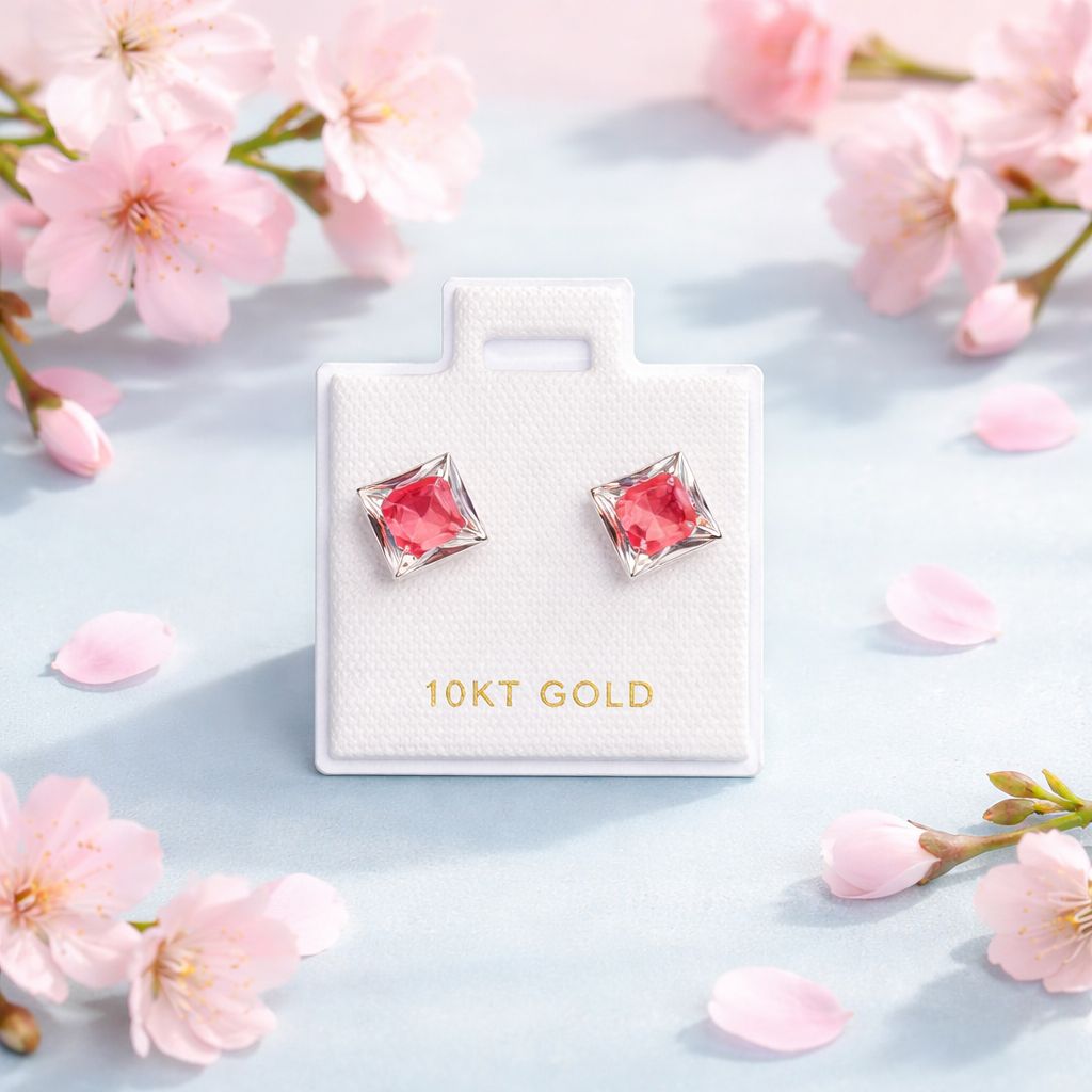 Broquel Cuadro 6x6 Esmaltado Rojo  Oro 10K bolita atrás 