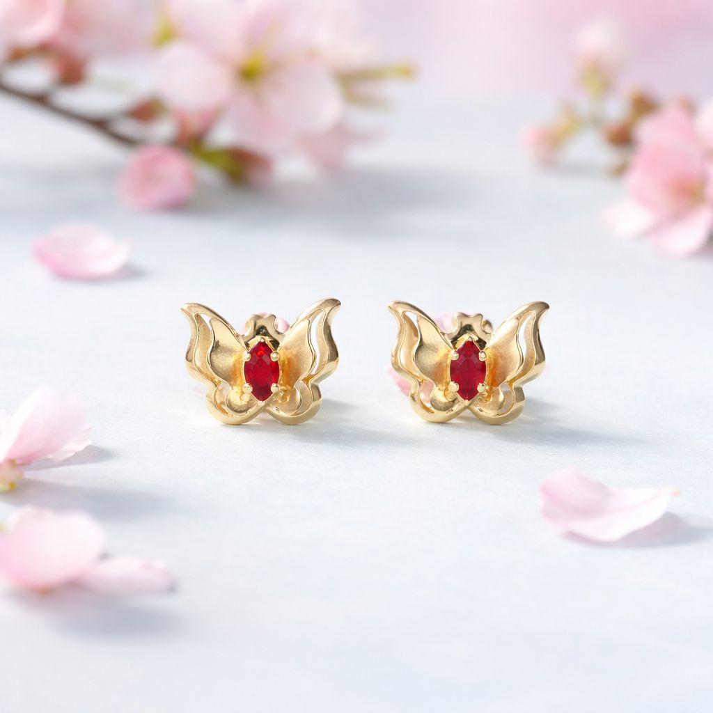 Broquel Mariposa 3D con Zirconia Roja Oro 10K bolita atrás