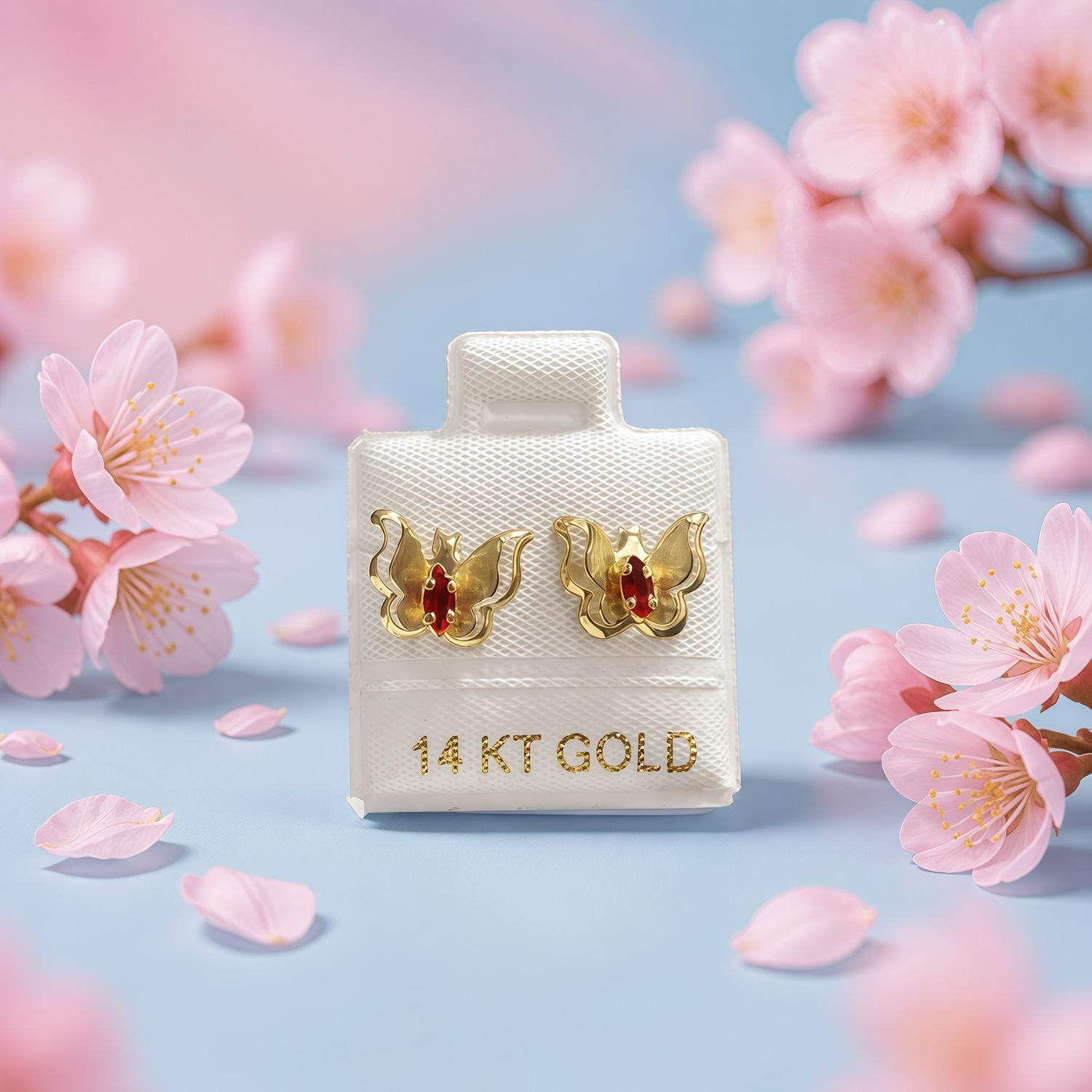 Broquel Mariposa 3D con Zirconia Roja Oro 14K bolita atrá