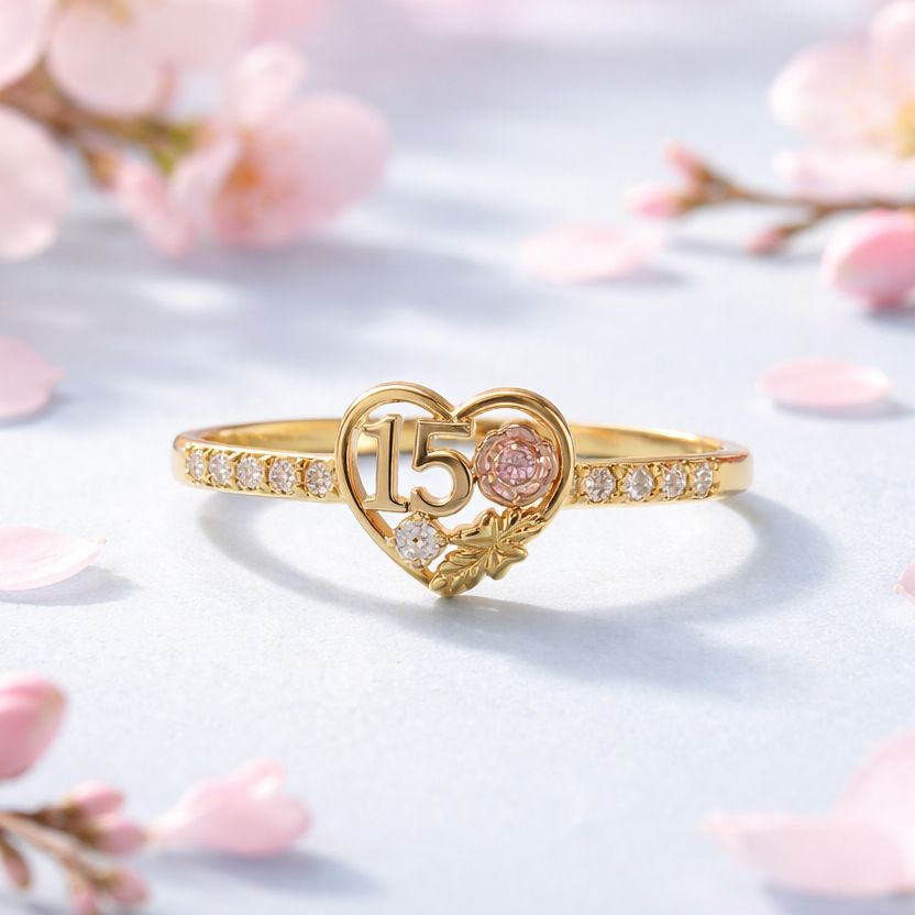 Anillo 15 Anos corazon Chapa de Oro Plata 925 Italiana