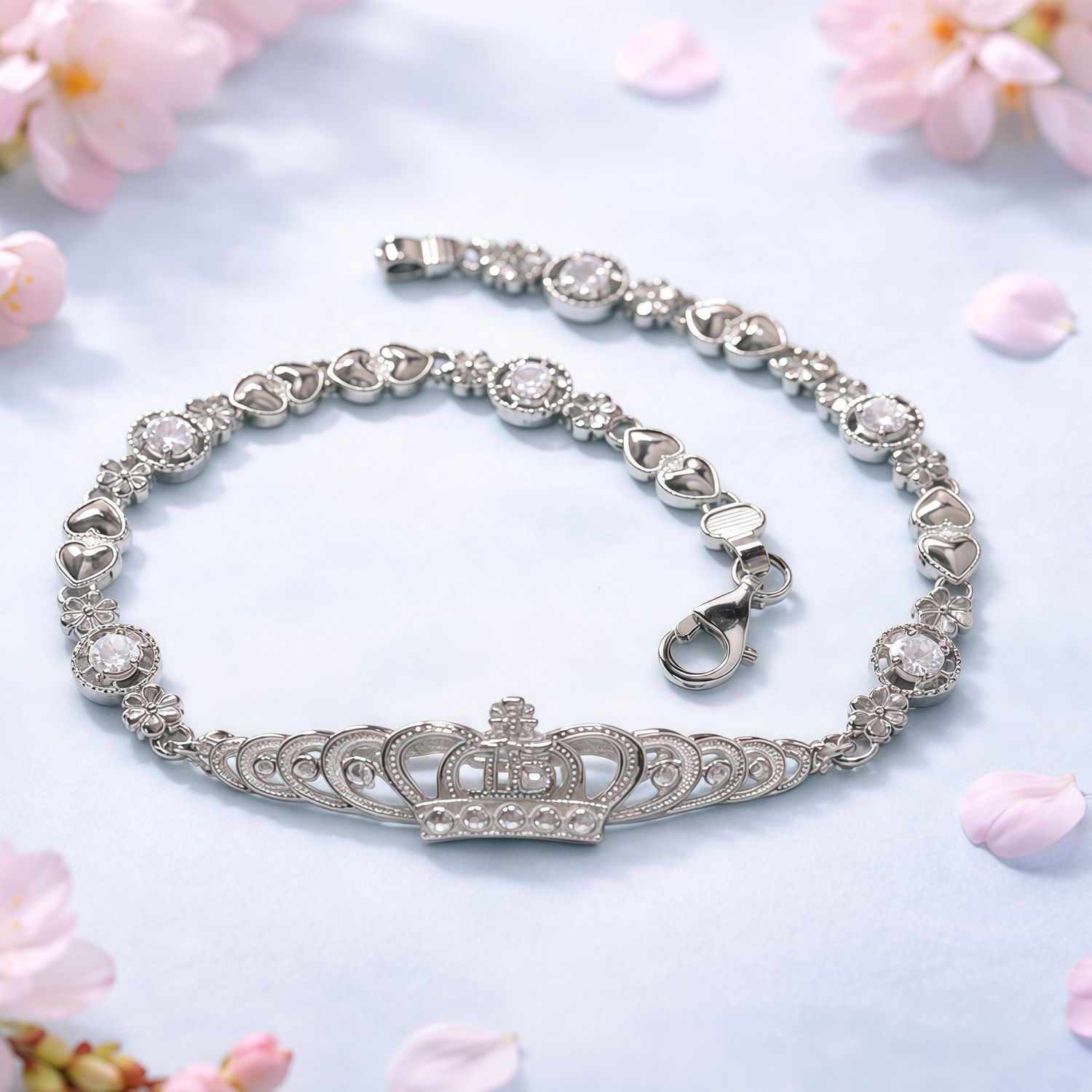 Pulsera 15 Años Corona Plata 925 Italiana con Rodio, mide 7"