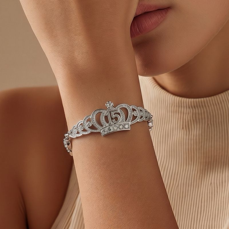 Pulsera 15 Años Corona Plata 925 Italiana con Rodio, mide 7"