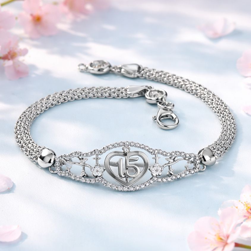 Pulsera 15 Años Corazon Plata 925 Italiana con Rodio, mide 7"