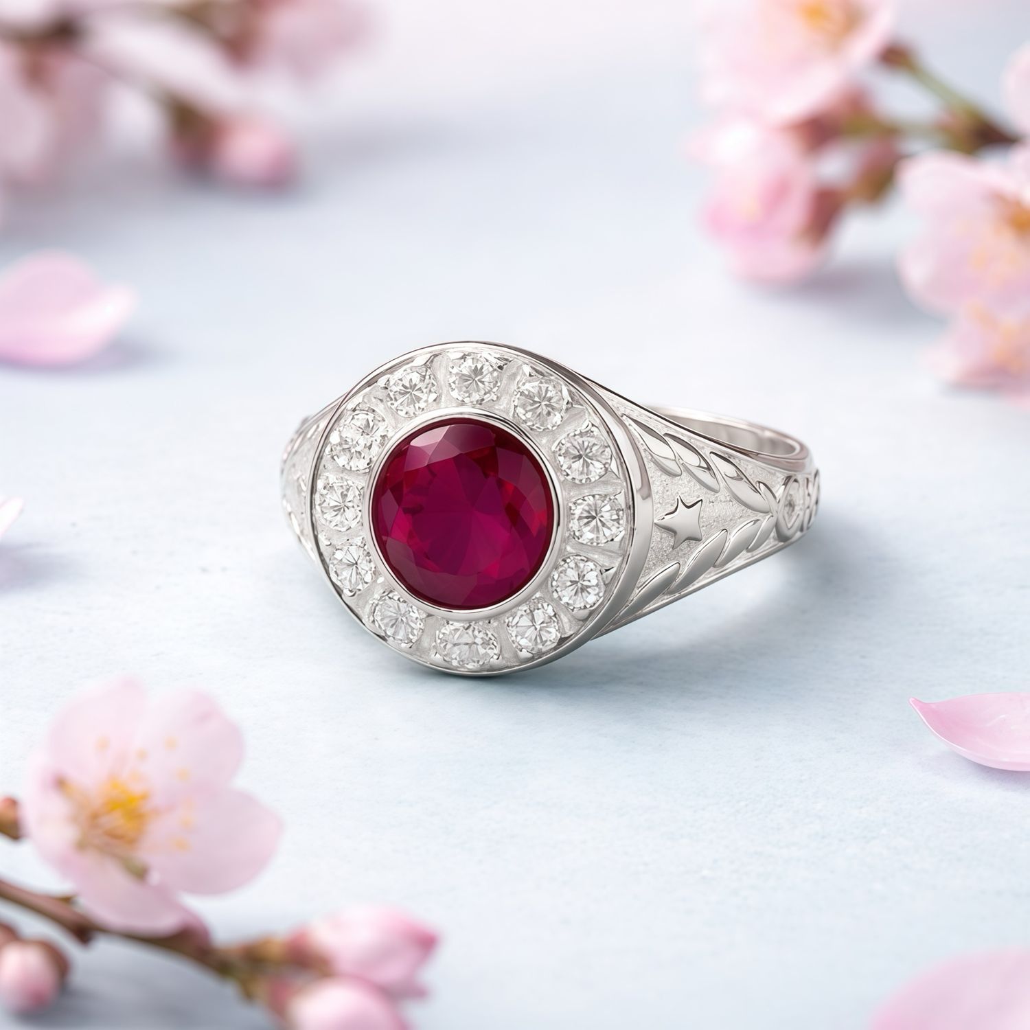 Anillo Para Caballero Espiga Zirconias Blancas con Rojo plata 925