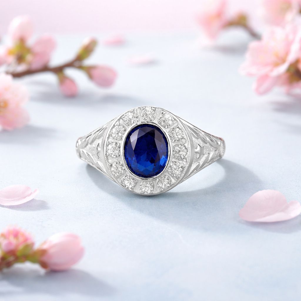 Anillo Para Caballero Espiga Zirconias Blancas  Y azul plata 925