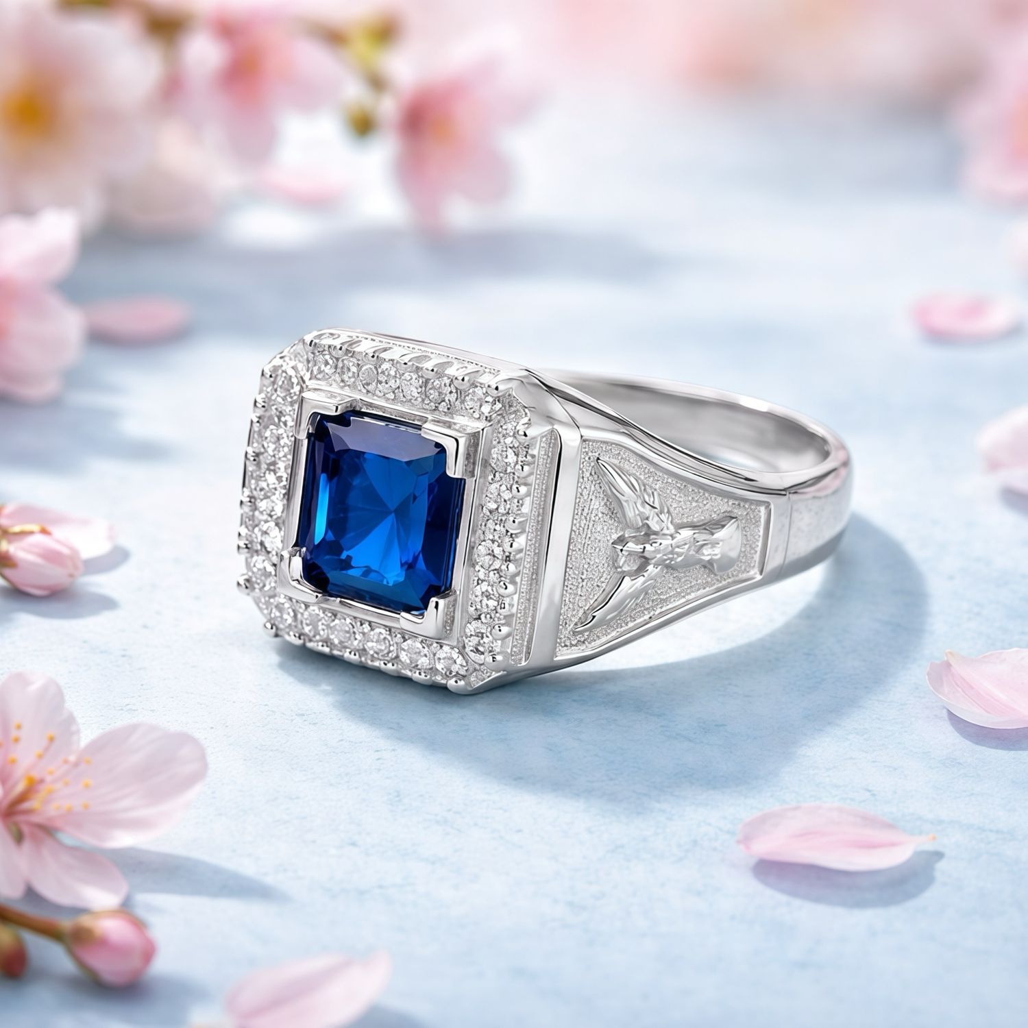 Anillo Para Caballero Cuadrado Zirconias Blancas  Y azul Plata 925 Mexicana