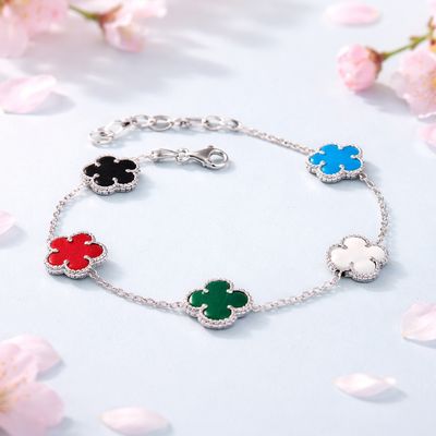Pulsera Trébol Pasta Multicolor plata 925 italiana, Mide hasta 8.5" con extension