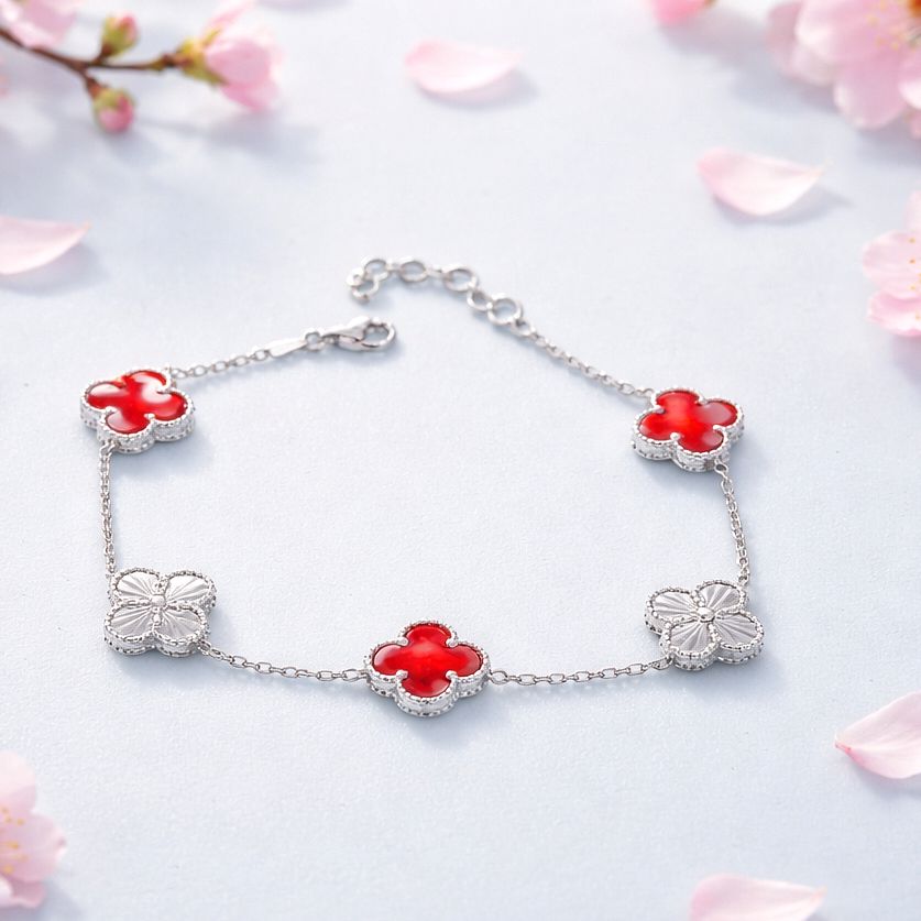 Pulsera Trébol Rojo   Plata 925 italiana, Mide hasta 8.5" con extension